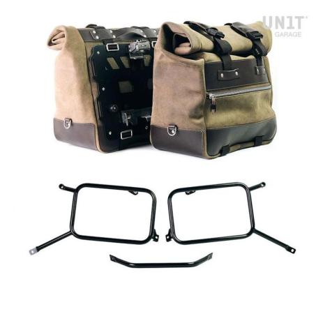 Pair of cult side panniers in waxed suede with aluminium back plate + pair of stainless steel quick release system and lock + subframes for aluminum side panniers atlas ​​​​​​​i modelli triumph bonneville t120