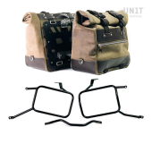 Pair of cult side panniers in waxed suede with aluminium back plate + pair of stainless steel quick release system and lock + triumph street scrambler frames for atlas aluminum side panniers